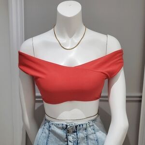 AERIE SWIM- Off Shoulder Coral Red Crop Swim Top Never Warn